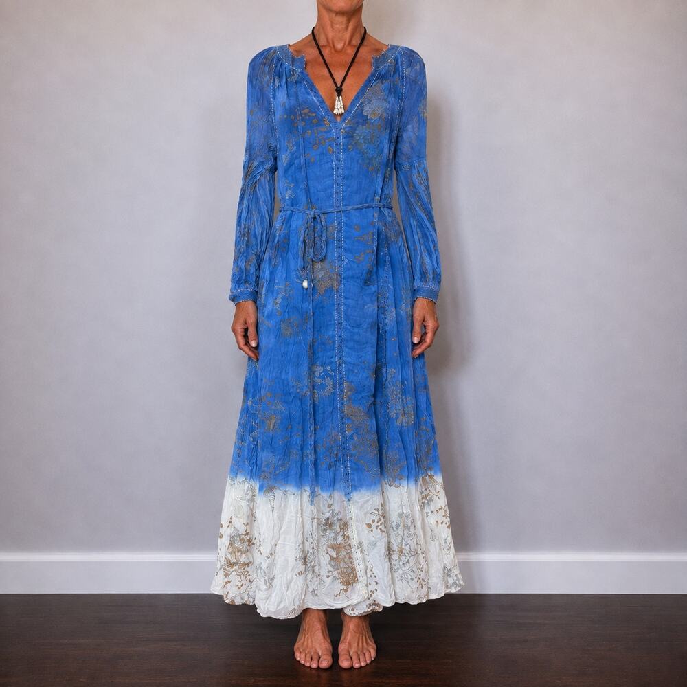 Dolma Cobalt Blue Embroidered Ombré Boho Maxi Dress XL Resort Wear Artisan Print